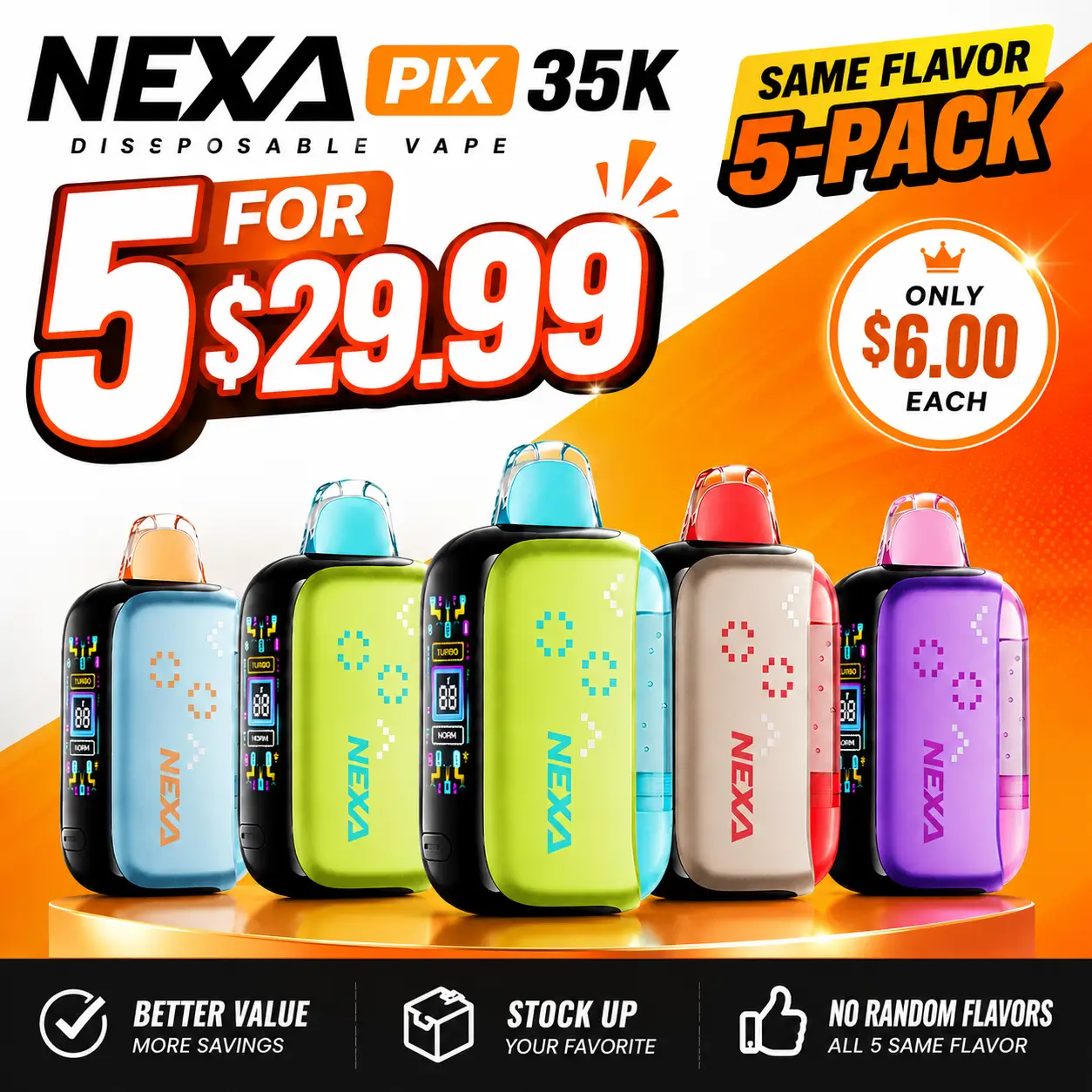 NEXA PIX 35K disposable vape 5-pack for $29.99, featuring five colorful devices, same-flavor bundle details and promotional pricing.