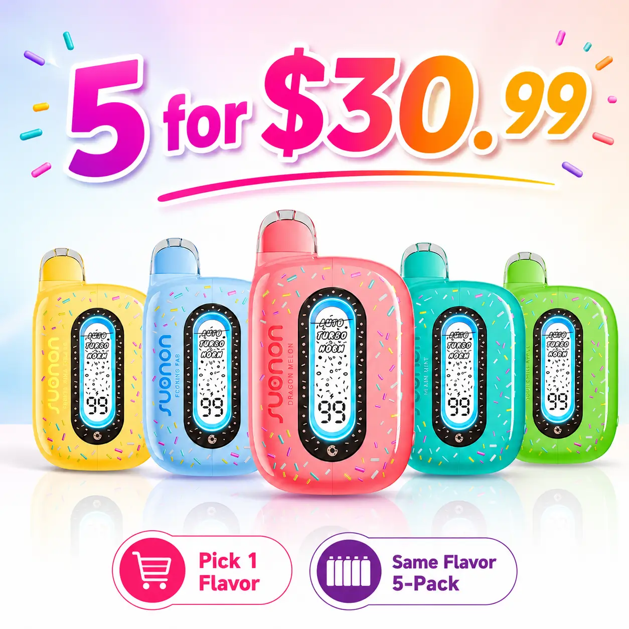 SUONON DONETE 50K disposable vape 5-pack for $30.99, featuring five colorful devices and a same-flavor bundle offer.