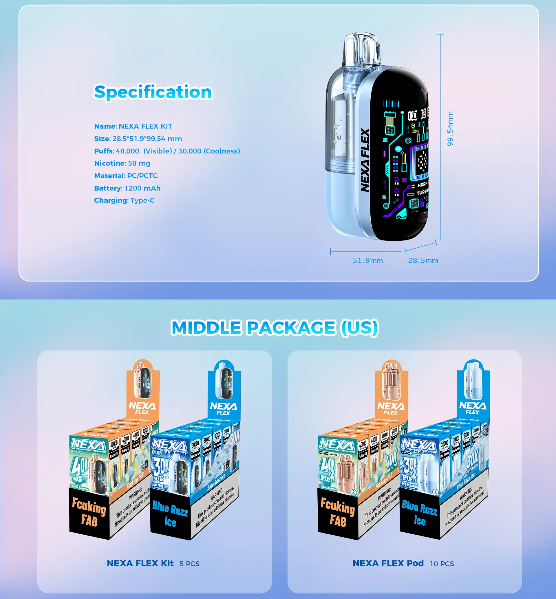 NEXA FLEX Flavor Booster 40K kit specifications and feature illustration