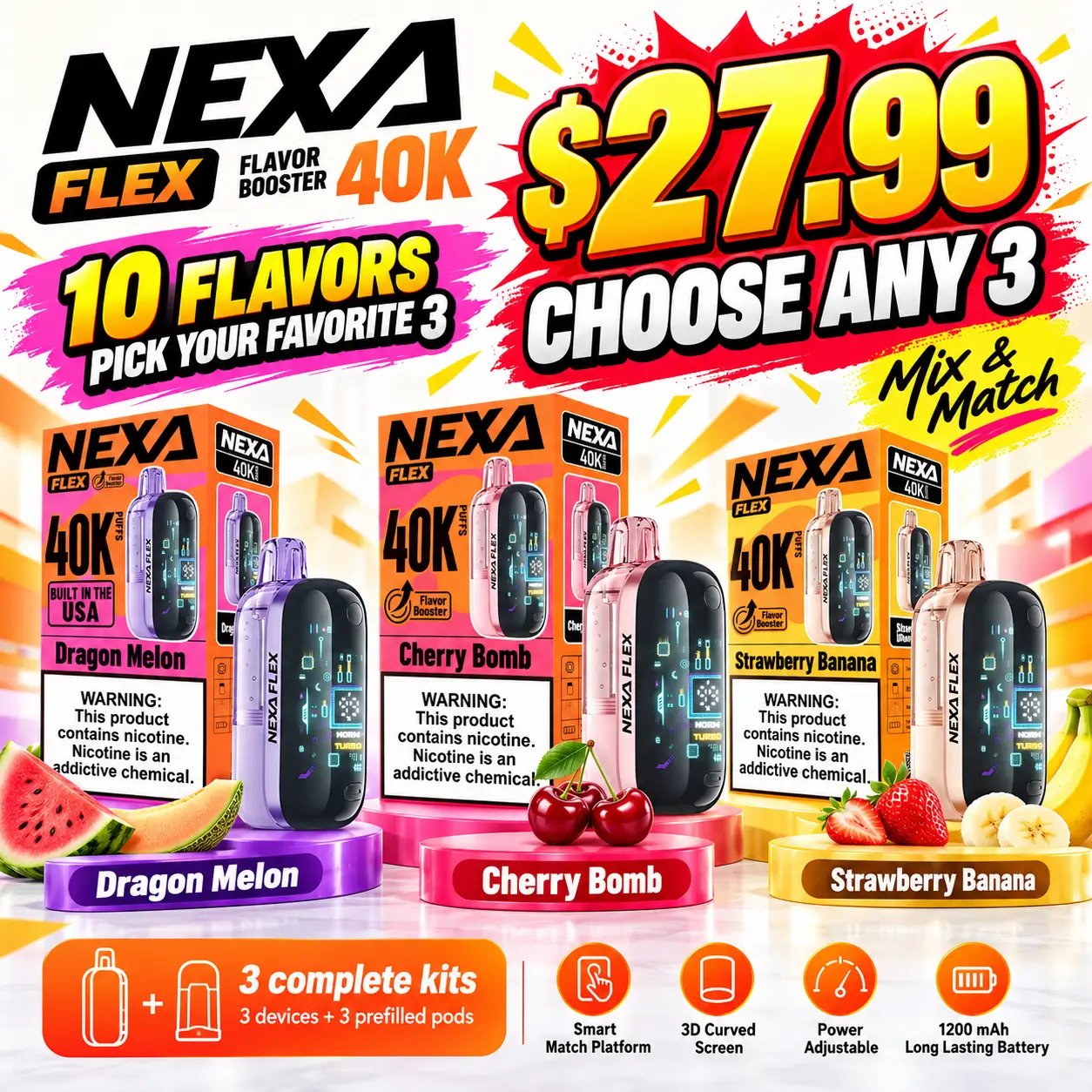 NEXA Flex Flavor Booster 40K disposable vape 3-pack for $27.99, choose any 3 from 10 flavors, featuring Dragon Melon, Cherry Bomb and Strawberry Banana
