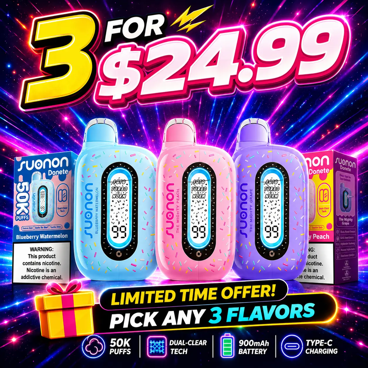 SUONON DONETE 50K disposable vape 3-pack for $24.99, featuring three colorful devices, pick any 3 flavors, 50K puffs and rechargeable battery.