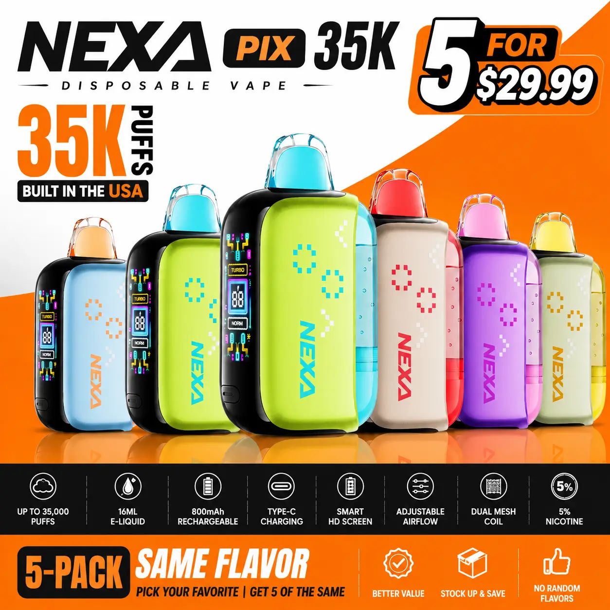 NEXA PIX 35K disposable vape 5-pack product specifications, showing colorful devices, 16ml capacity, 800mAh battery, USB-C charging and same-flavor selection.