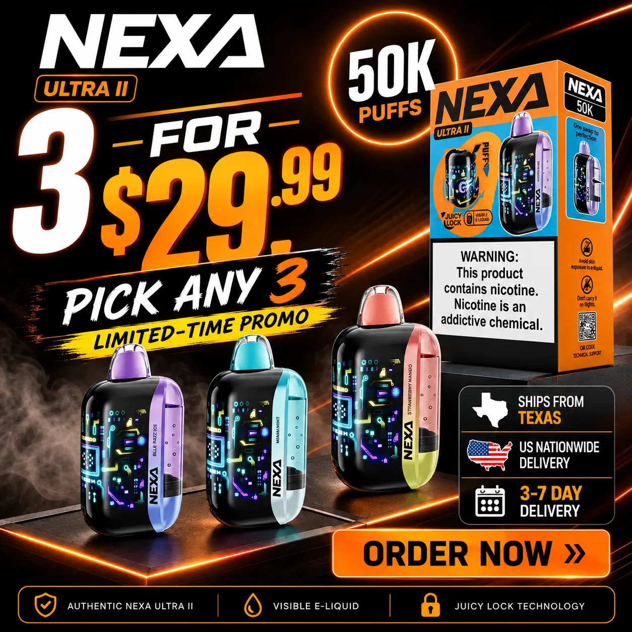 NEXA Ultra II 50K disposable vape 3-pack for $29.99, featuring three devices, product packaging, flavor selection and US delivery details.