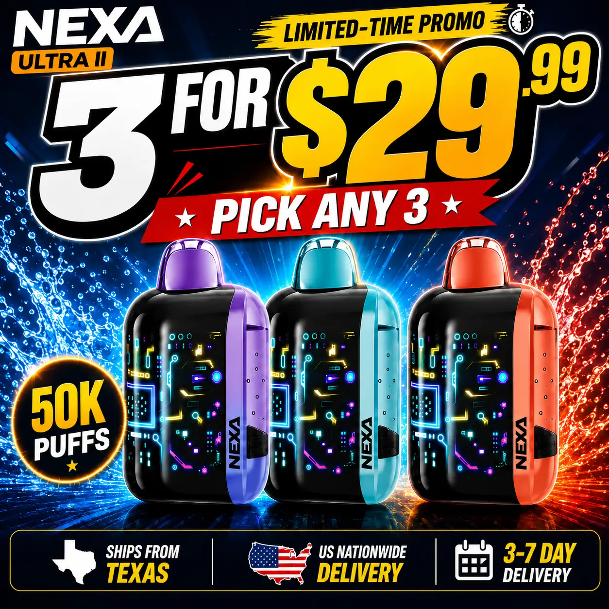 NEXA Ultra II 50K disposable vape 3-pack promotional image with three colorful devices, $29.99 price and Texas shipping information.