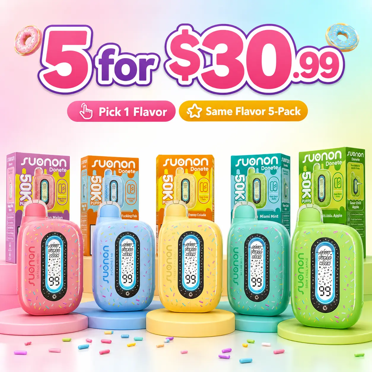 SUONON DONETE 50K disposable vape 5-pack promotion for $30.99, showing five colorful devices with retail packaging and one-flavor selection.