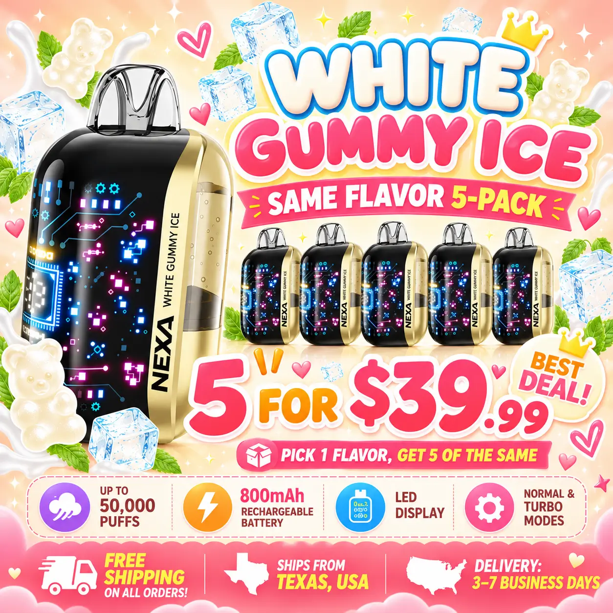 NEXA ULTRA 50K White Gummy Ice Same Flavor 5-Pack, Five Matching Disposable Vapes, 800mAh Battery, 50000 Puffs